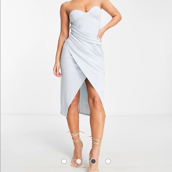 ASOS DESIGN bandeau wrap midi dress in baby blue - Picture 2 of 3